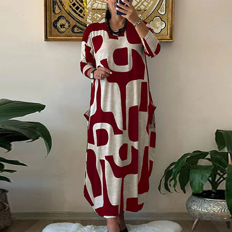 

2024 Fashion Pattern Printed Pocket Dress Casual Office O-Neck Commuter Dress Women's Long Sleeved Loose Pullover Dress Vestidos