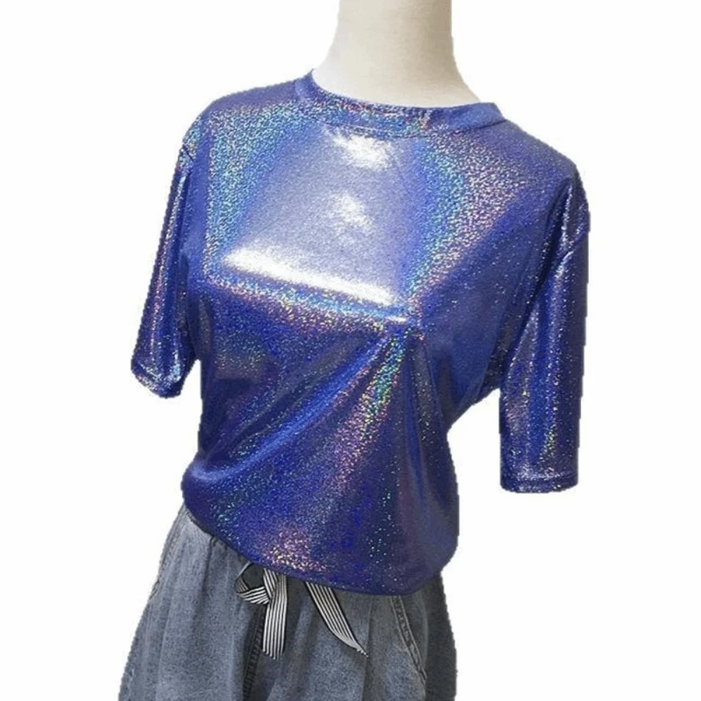 Sweet Vintage Fashion Silk Top Purple Pink Ladies Shiny Loose T-shirt Sequins Aesthetic Harajuku Short Sleeved Party