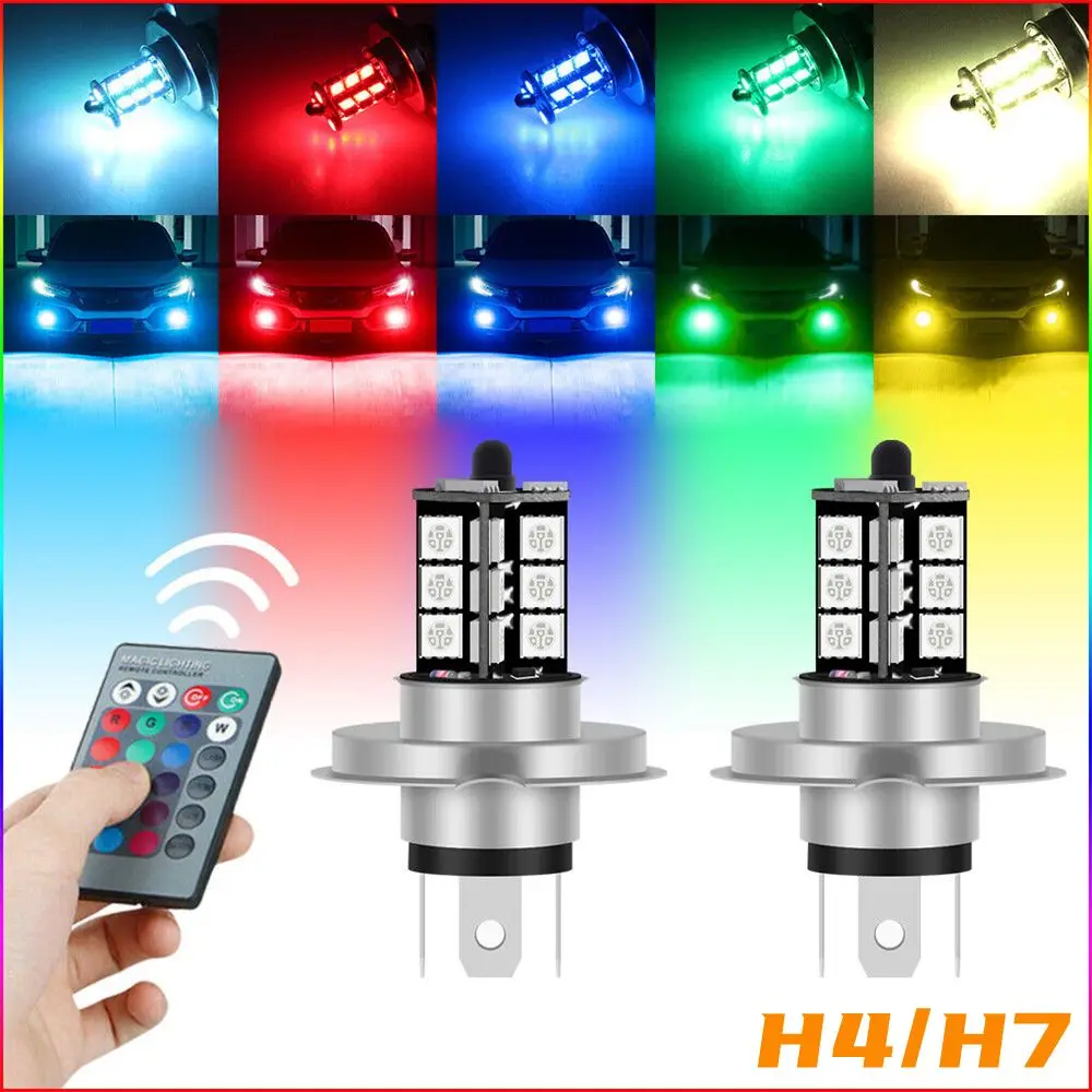 

2PCS LED 5050 RGB Multi-Color H4 H7 27SMD Fog Light Bulbs With Remote Control MO Auto Driving Accessories