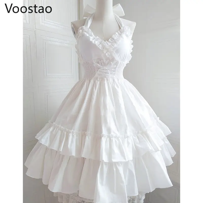 Vintage Lolita Jsk Dress Women Sweet Princess Dancing Party Slim Dresses Girly Cute Ruffles Halter Collar Wedding Dress