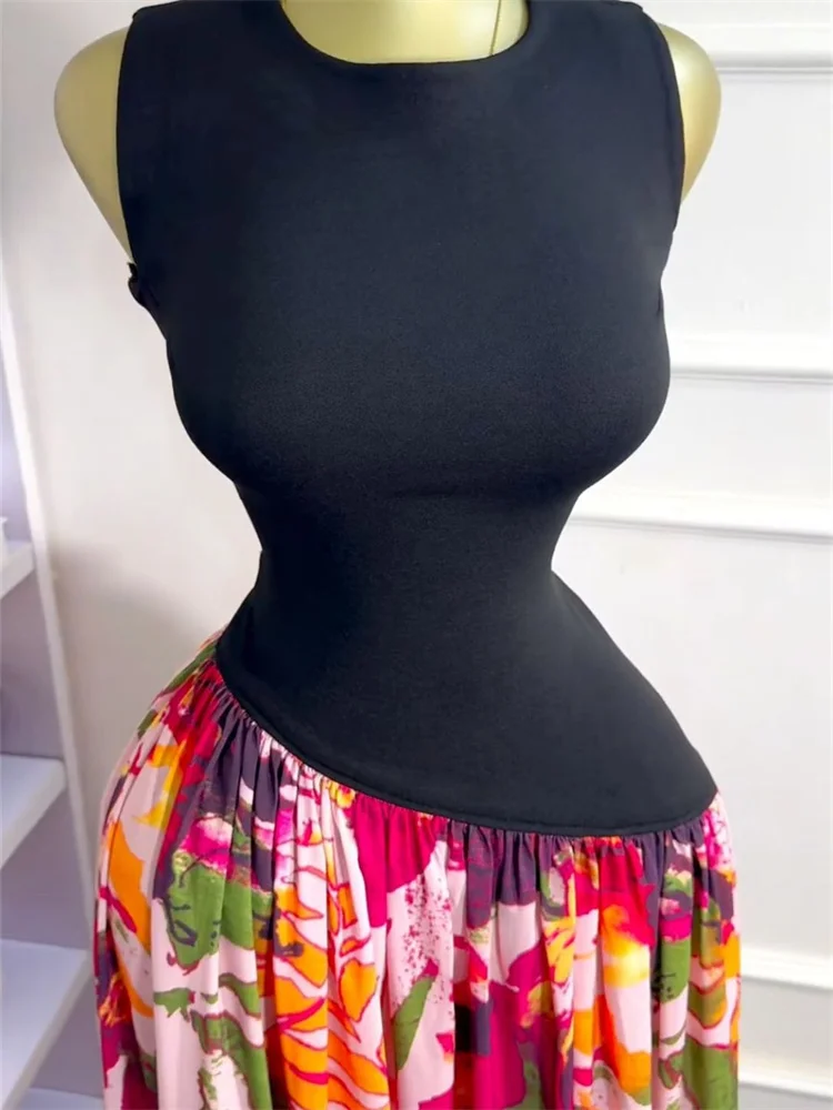 Wmstar Women Dresses for Women Sweet  Printed Round Neck Sleeveless High Waisted Bodycon Party Patchwork Long Dress 2025