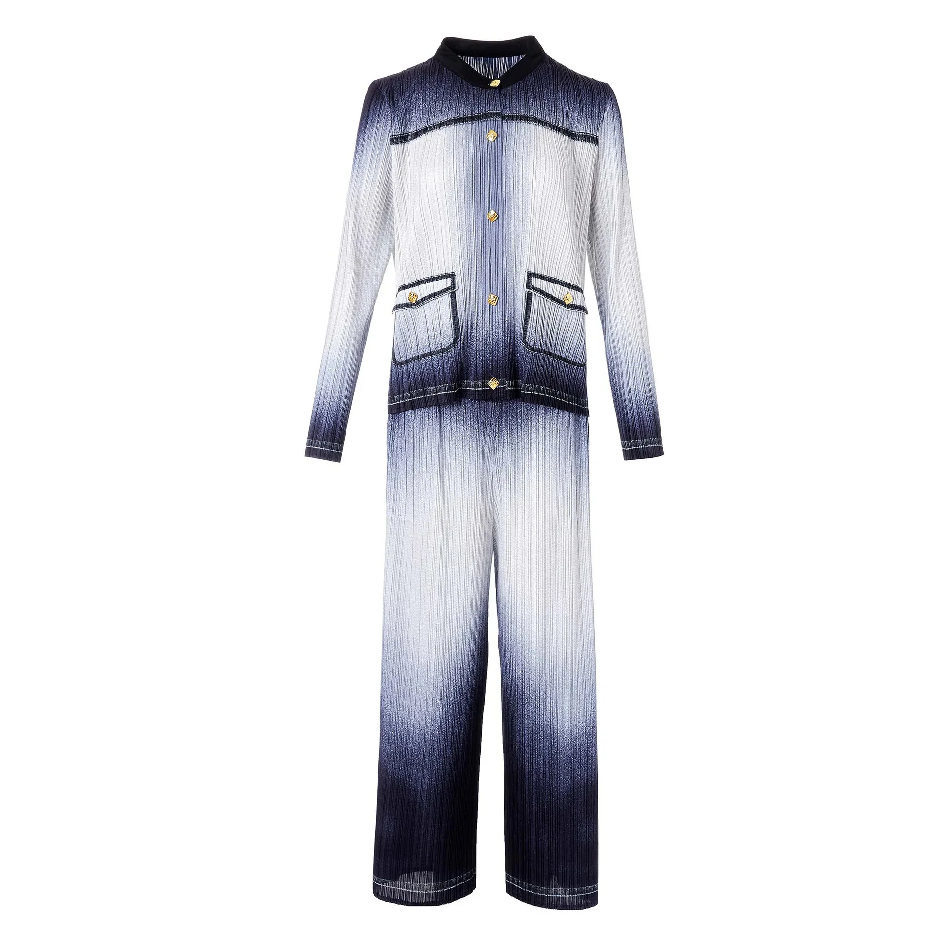 miyake pleated fashion suit for women 2024 spring new imitation denim high-end two-piece set this year's popular beautiful suit