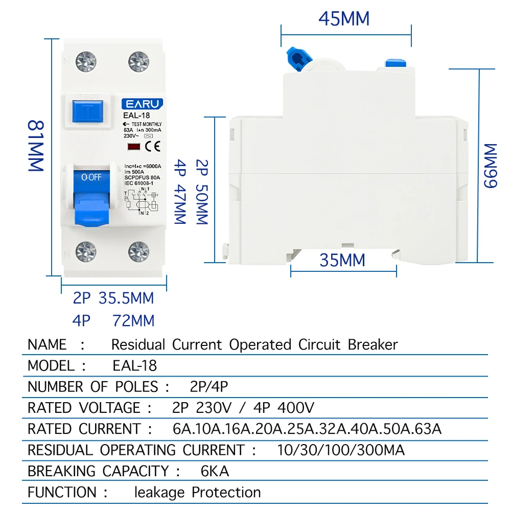 2P 4P 10/30/100/300mA Type AC RCCB RCD ELCB Electromagnetic Residual Current Cir
