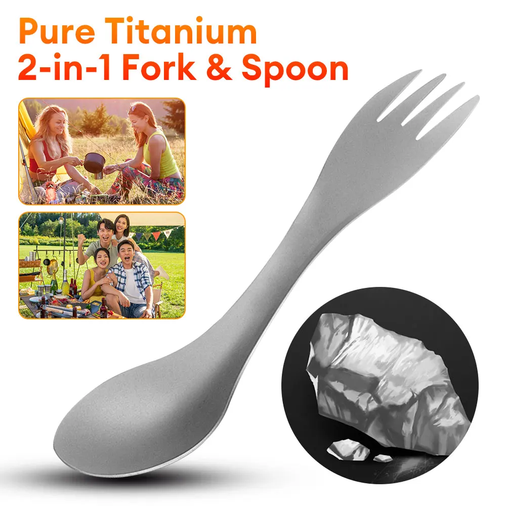 Pure Titanium Spork 2 in 1 Spoon Fork Ultralight Portable Tableware for Outdoor Camping Picnic Travel Eco-Friendly Flatware,camping cutlery,portable tableware,camping cookware,portable cutlery,titanium tableware
