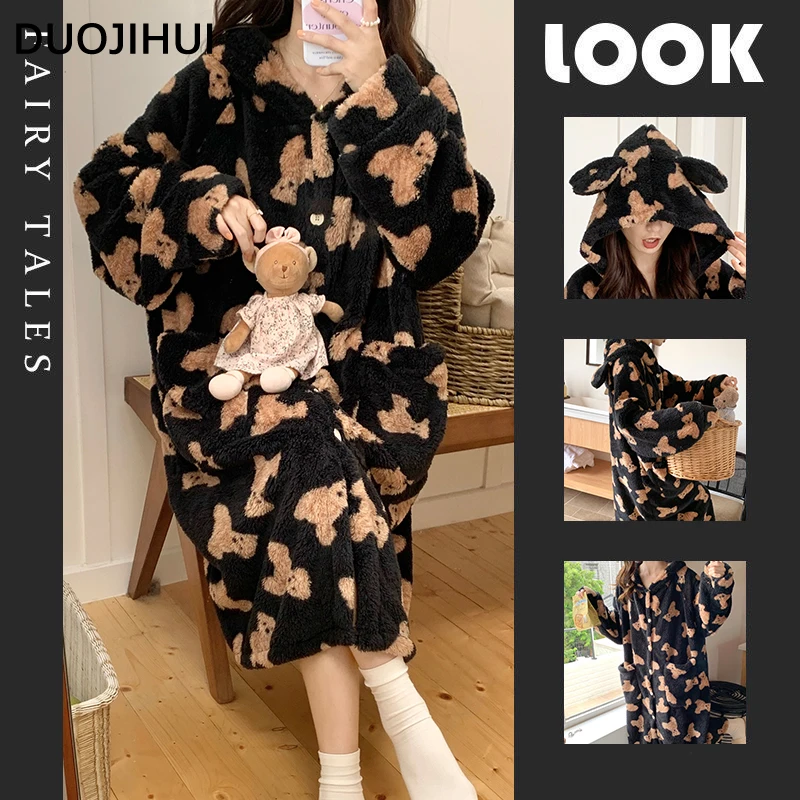 

DUOJIHUI Contrast Color Hooded Cute Thick Warm Robes for Women Chic Print Pocket Loose Simple Casual Fashion Flannel Female Robe