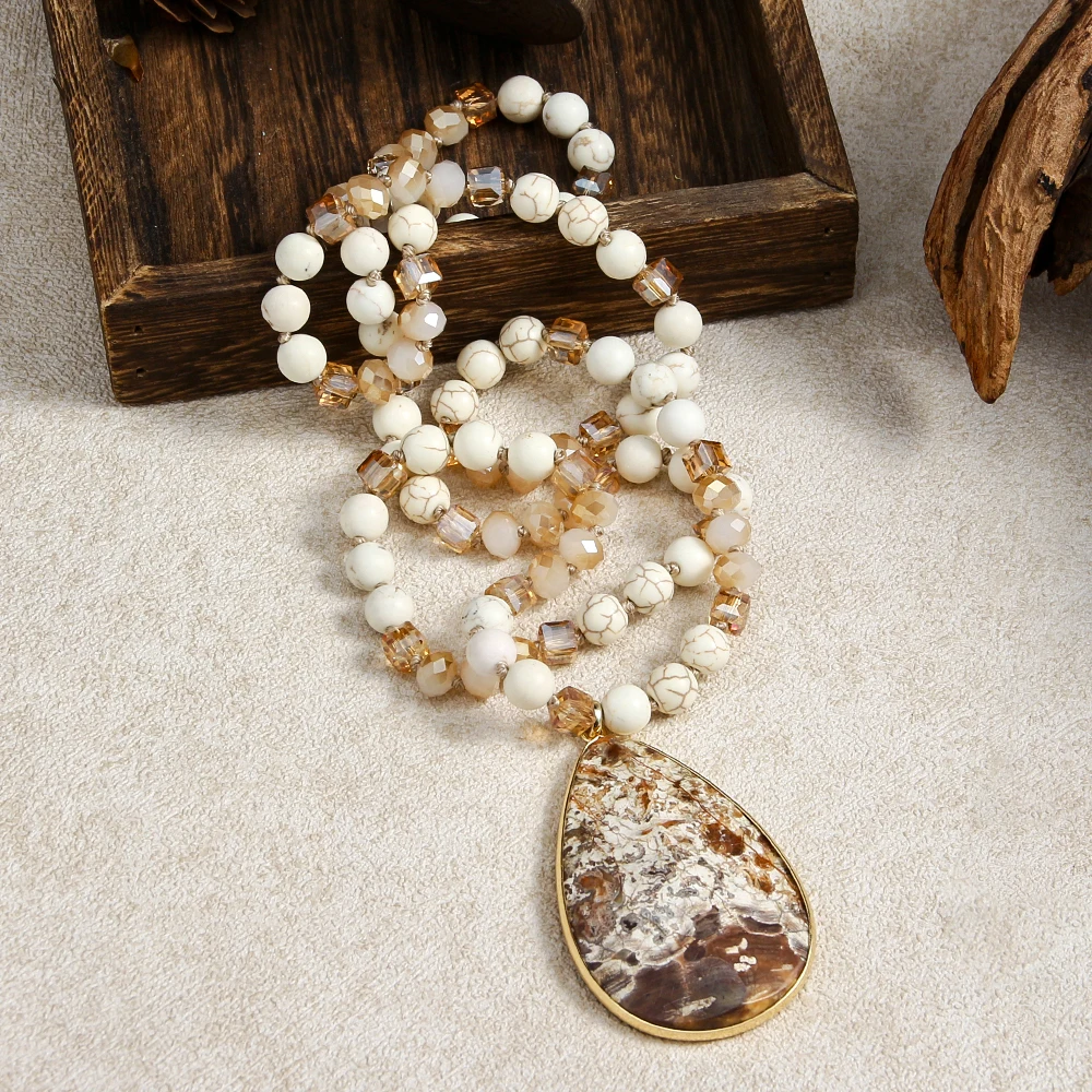 Neue böhmische Vintage-Stil Frauen Schmuck 8mm Naturstein Kristall Glas Knoten Halskette, Stein Tropfen Anhänger Halskette – Detail 7