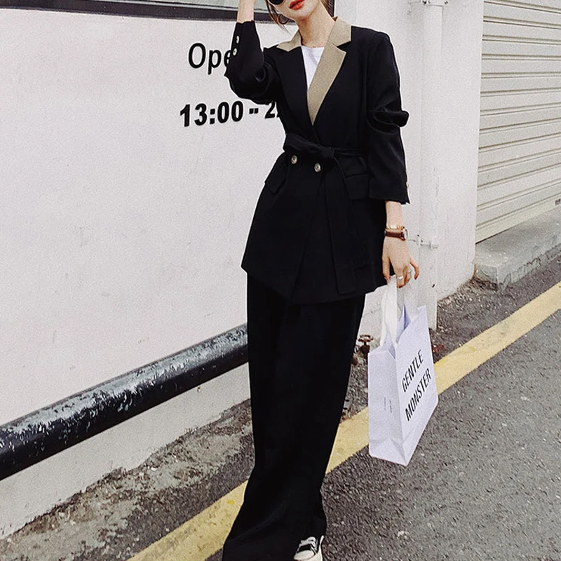 

Women Office Lady Suit Two-Piece Pantsuit Elegant Belt Blazer Coats Female Set Casual Loose Wide Leg Pants Jacket Work Clothes