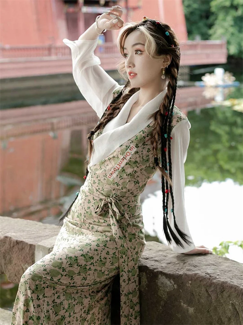 Tibet Trend Clothing Women's Summer Internet Celebrity Original Bora Robe Tibetan Ethnic Minority Floral Lhasa Village Gown Girl