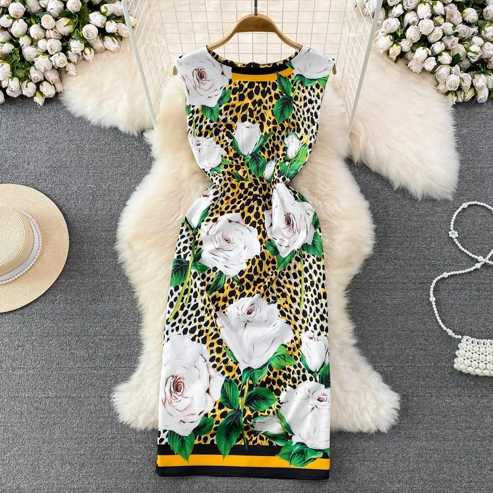 

Banulin Fashion Runway Floral Print Bodycon Tank Dress Women Holiday O Neck Sleeveless Elegant Midi Party Vestidos N512