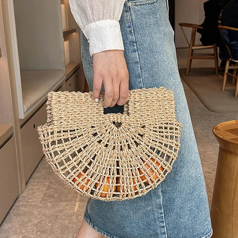 Vintage Half Round Wicker Straw Beach Handbags Women 2023 Summer Hollow Out Round Handle Woven Straw Bags High Quality Holiday