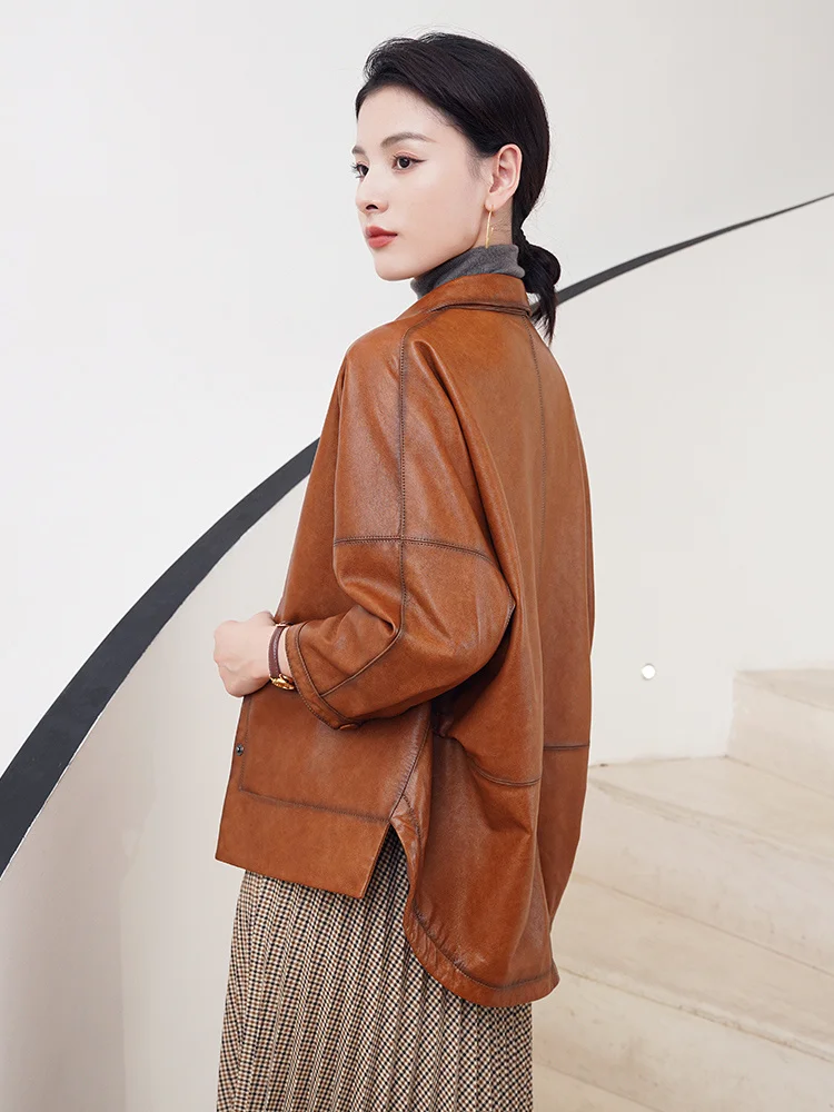 

Spring and Autumn 2021 New Haining Sheepskin Leather Garment Women's Short 9/4 Sleeves Loose Single Leather
