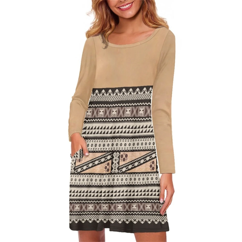 

Casual Mini Dress with Double Pockets Polynesian Tribal Clothing FIjian Masi Print Custom Women Long Sleeve O Neck Island Design