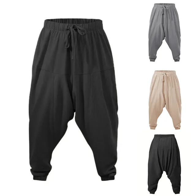 Sarouel pour hommes coton lin entrejambe bas confortable Streetwear coupe ample respirant léger pantalons longs hommes Joggers 1