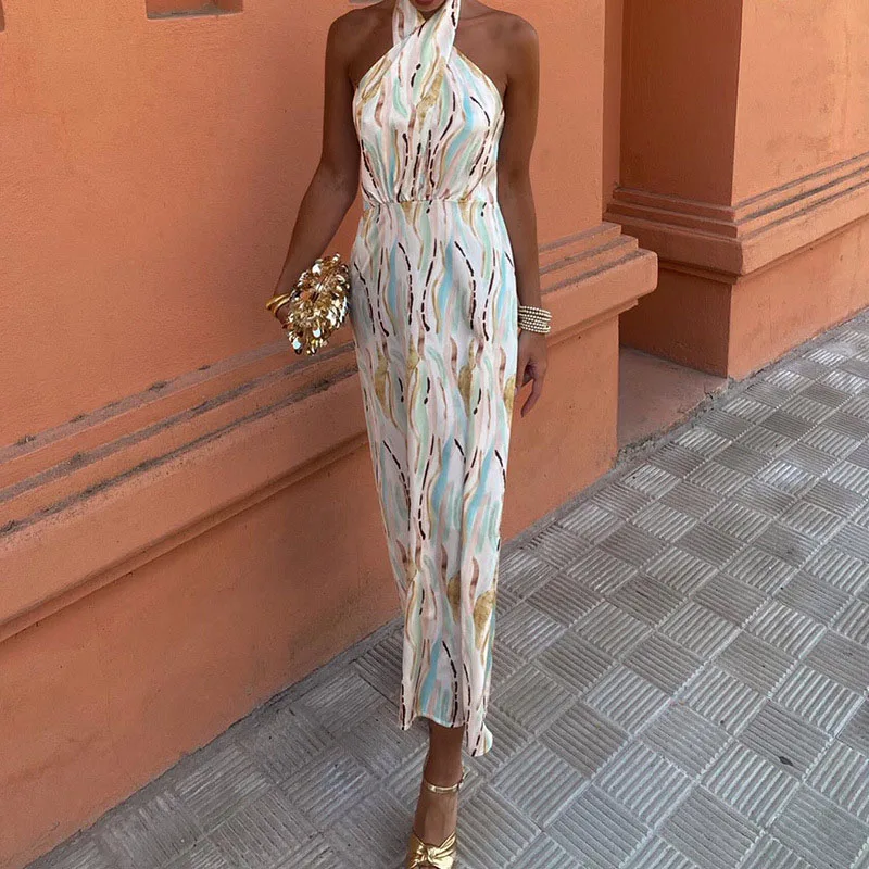 

Sexy Ladies Halter Hollow Print Long Dress New Summer Off Shoulder High Waist Party Dress Casual Bohemian Backless Beach Dresses