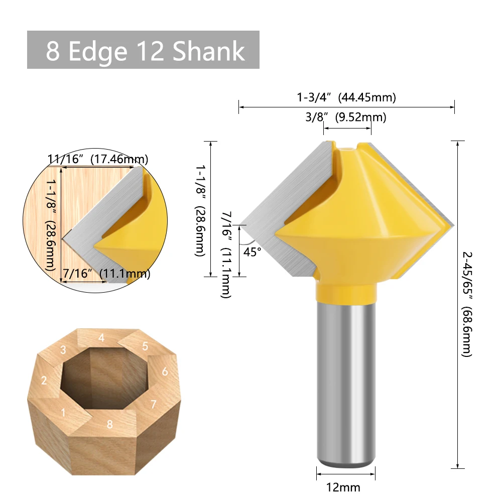 LAVIE 1 Stück 12mm 1/2 12,7mm Mehrseitiger Leimverbindungsfräser 8-seitig 12-seitig 6-seitig Zapfenfräser Holzbearbeitung MC03036 – Detail 2