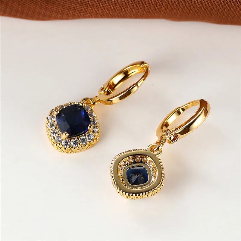 Blue Zircon Square Stone Hoop Earrings Female Luxury Crystal Wedding Earrings Vintage Gold Color Bridal Earrings For Women Gifts