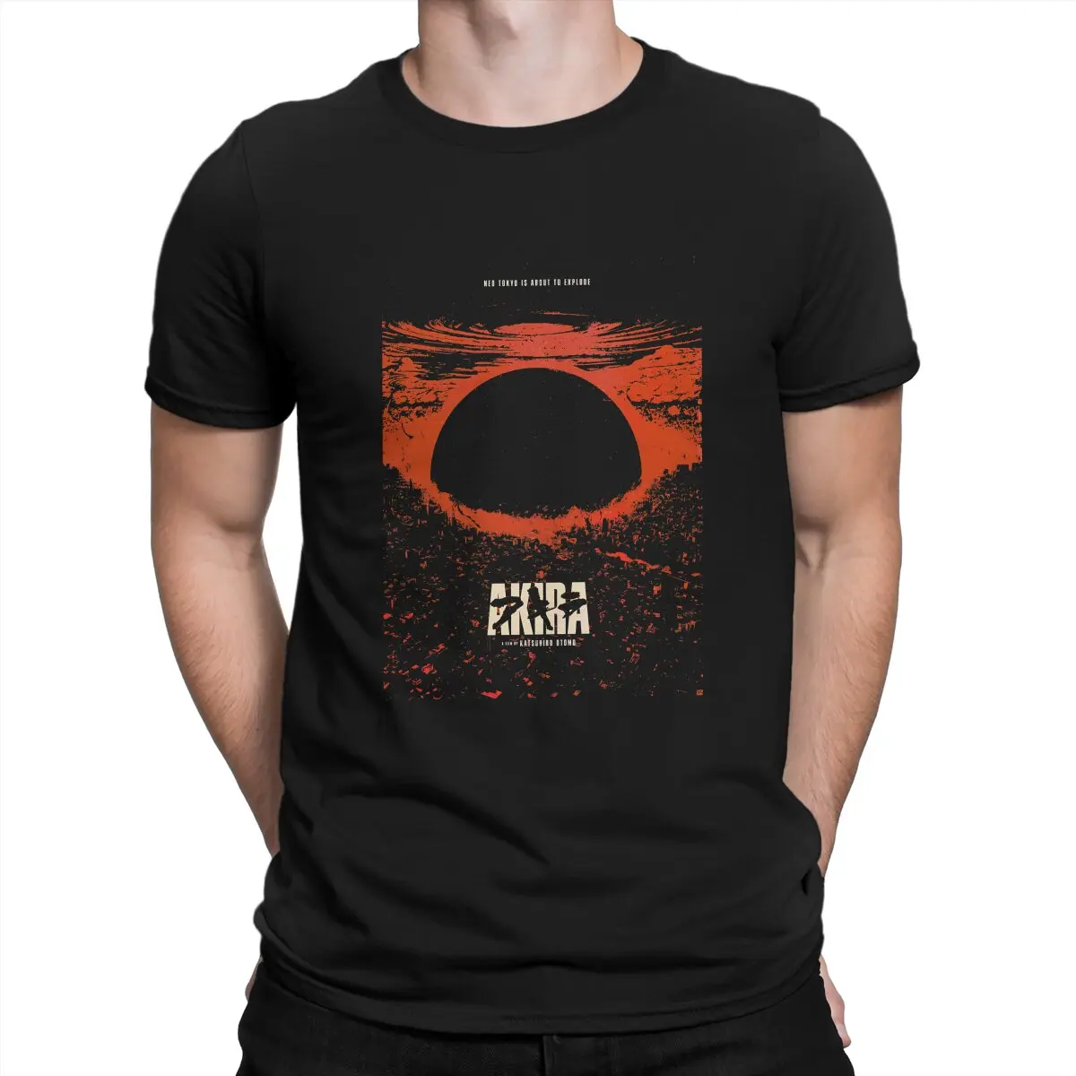 Красная футболка Akira с японским городом, модные мужские футболки, летняя одежда, футболка из полиэстера с круглым вырезом