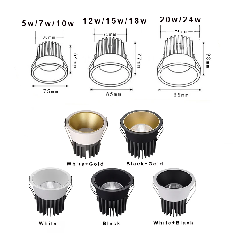 Dimmable Led Downlight Recessed Ceiling Lamp Spotlight Aluminum Led COB Light 7W10W12W15W18W20W24W AC110V 220V Home Office Store