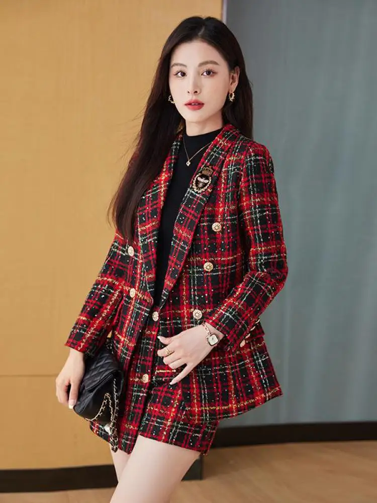 Women's Red Plaid Blazer Set Autumn Winter Fashion Vintage