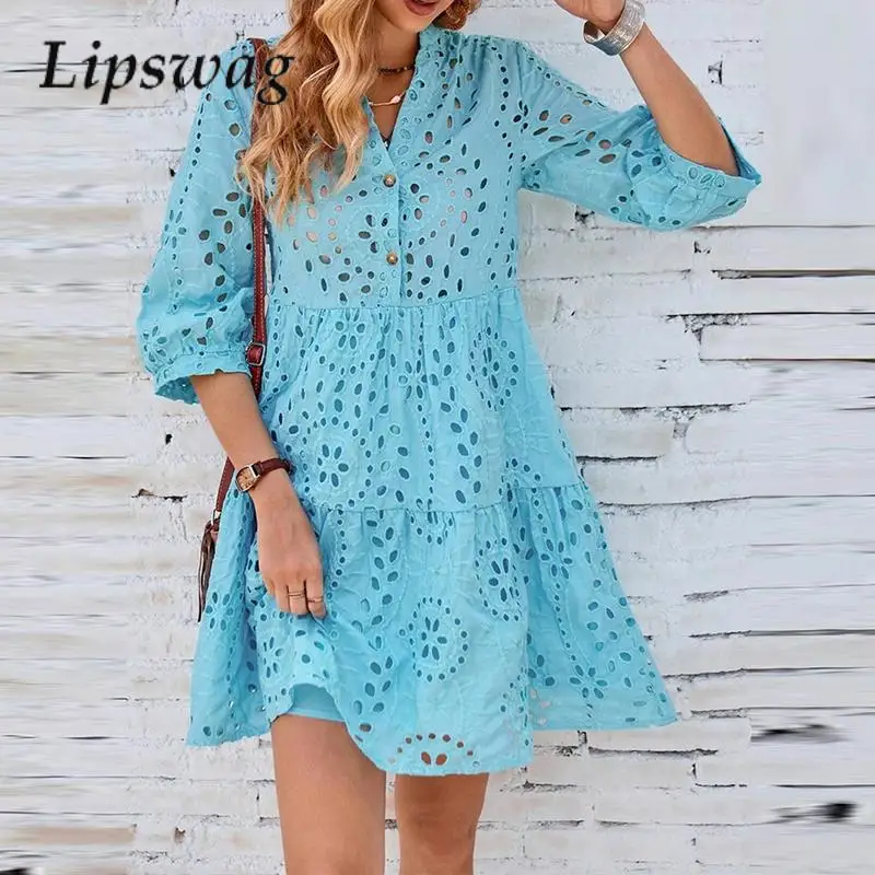 

Elegant V-Neck A-Word Commuter Dress Sexy Lace Embroidered Hollow Loose Party Dress 2024 Fashion Button Pleated Solid Mini Dress