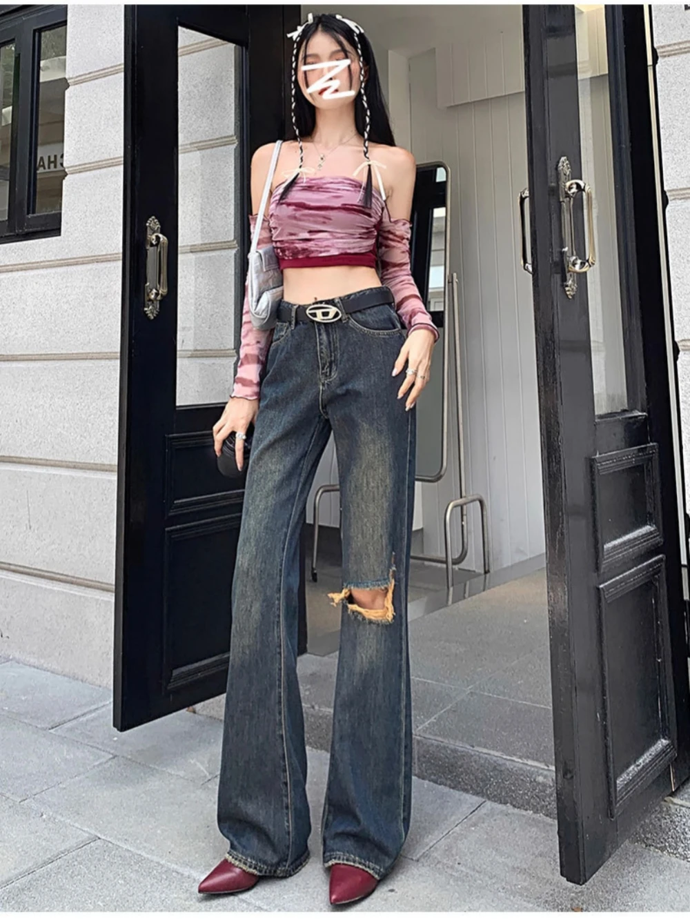 

Женские джинсовые укороченные брюки с высокой талией, облегающие Удобные однотонные женские брюки-клеш разбитого цвета, осень 2023