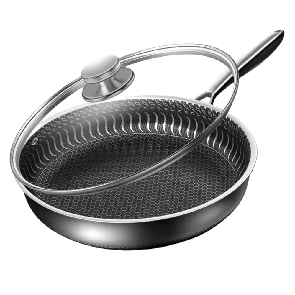 

30CM Pan with Lid 316 Stainless Steel Frying Pans Non-stick Uncoated Wok Pan Double-sided Honeycomb Skillet