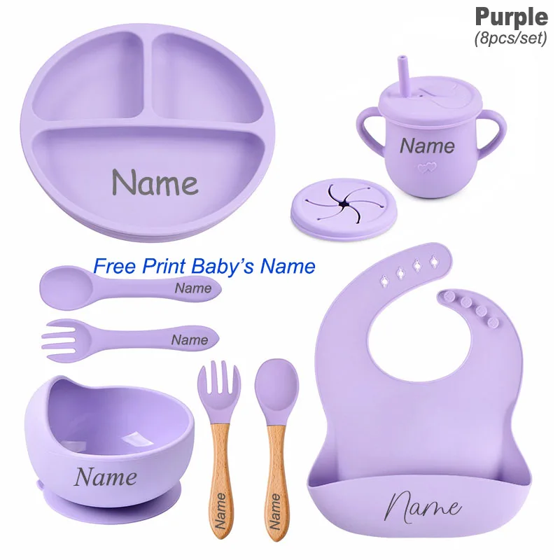 8Pcs Silicone Tableware Set Personalized Name Logo Baby Feeding Set Spoon Fork Suction Cup Bowl Silicone Dinner Plate For Kids 4