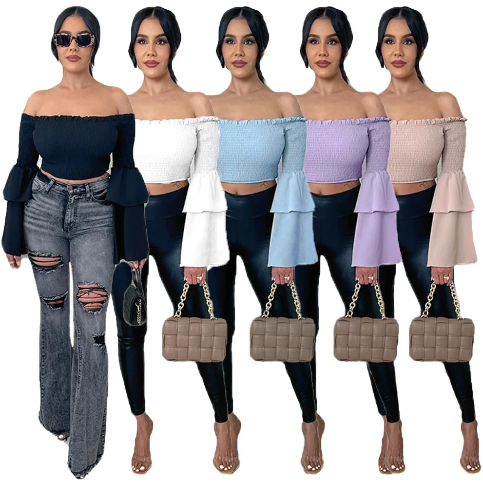 

Ruffle Sleeve Sexy Strapless Wrap Crop Tops Women Fashion Sweet Ladies Tube Top Off Shoulder Wrapped Tops Street Party Tees