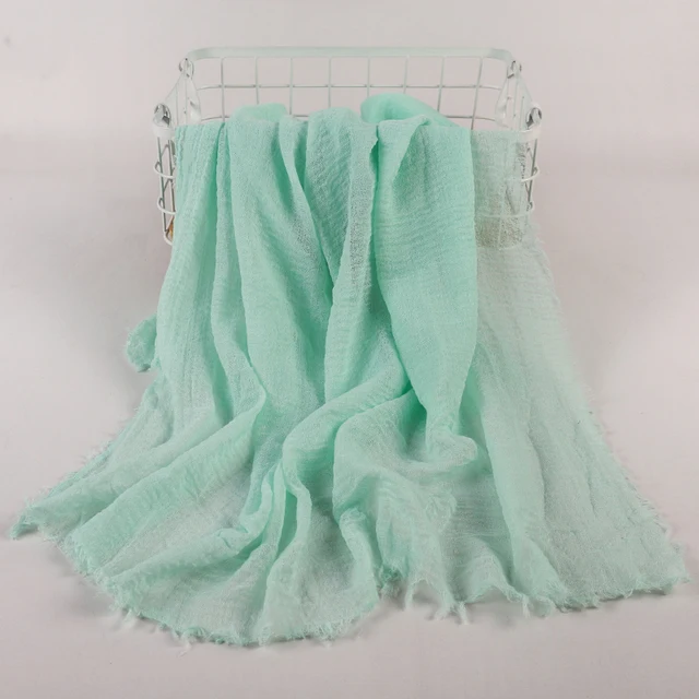 hijab Bandeau voile froissé en coton pour femme, écharpe longue de couleur unie