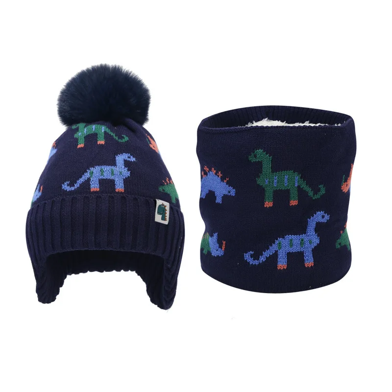 New Winter Cartoon Dinosaur Children Hat Scarf Set Plush Knitted Hat Neck Set Boys Girls Ear Protection Woolen Two Piece