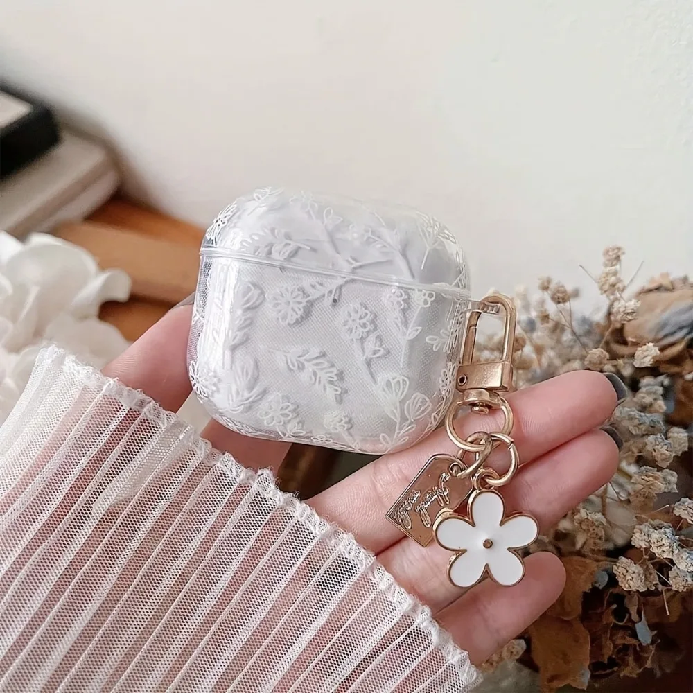 Elegant White Floral Earphone Protective Case Cover