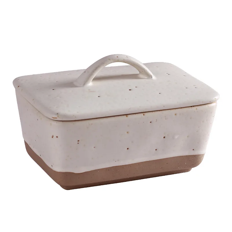 Vintage Ceramic Butter Box with Lid Square Butter Box Western Style Kitchen Supplies Desktop Coarse Pottery Tableware