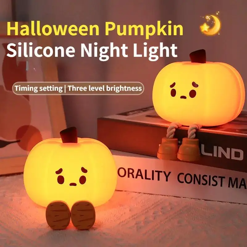 Halloween Pumpkin Night Light Cute Soft Silicone Lamp Touch  Dimmable Rechargeable Bedside Light Kids Gifts Home Decor led cute rabbit silicone lamp usb rechargeable timing bedside decor light 3 level dimmable breastfeeding nursery night light