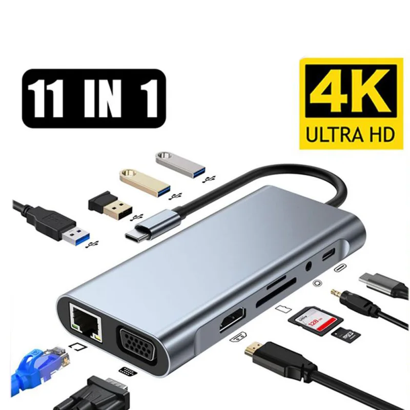 

Док-станция 11 в 1, USB Type C разветвитель на HDMI, 4K, Thunderbolt 3, адаптер для ноутбука с AUX, SD, TF-картой, RJ45, VAG хаб