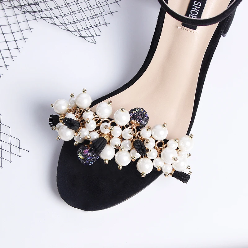 Black Suede Casual Women Sandals Open Toe Chunky Square Heel Pearl Flower Tassel Fashion Summer Shoes Daily Wear Ankle Strap