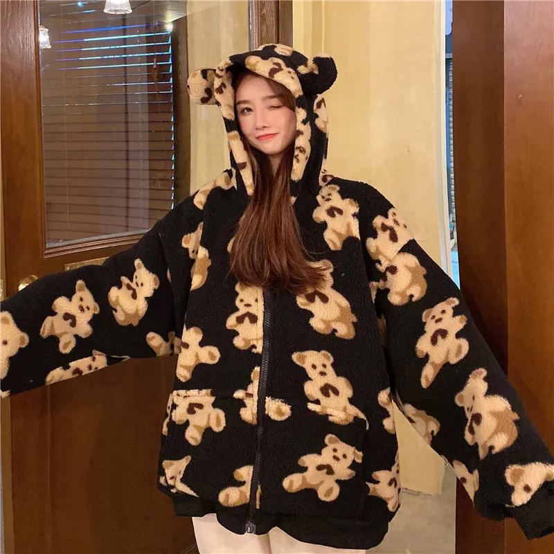 

2023 Winter Women Oversized Hoodies Zip-up Teddy Coat Harajuku Casual Loose Kawaii Bear Ears Hooded Sweatshirt Cartoon Outwear