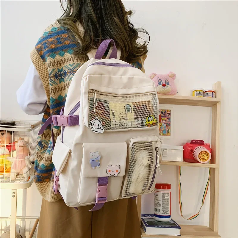 Buckle Badge School Backpack Candy Color Fashion Cute Schoolbag Shoulder Student Bag Teenage Girls College Backpack 4