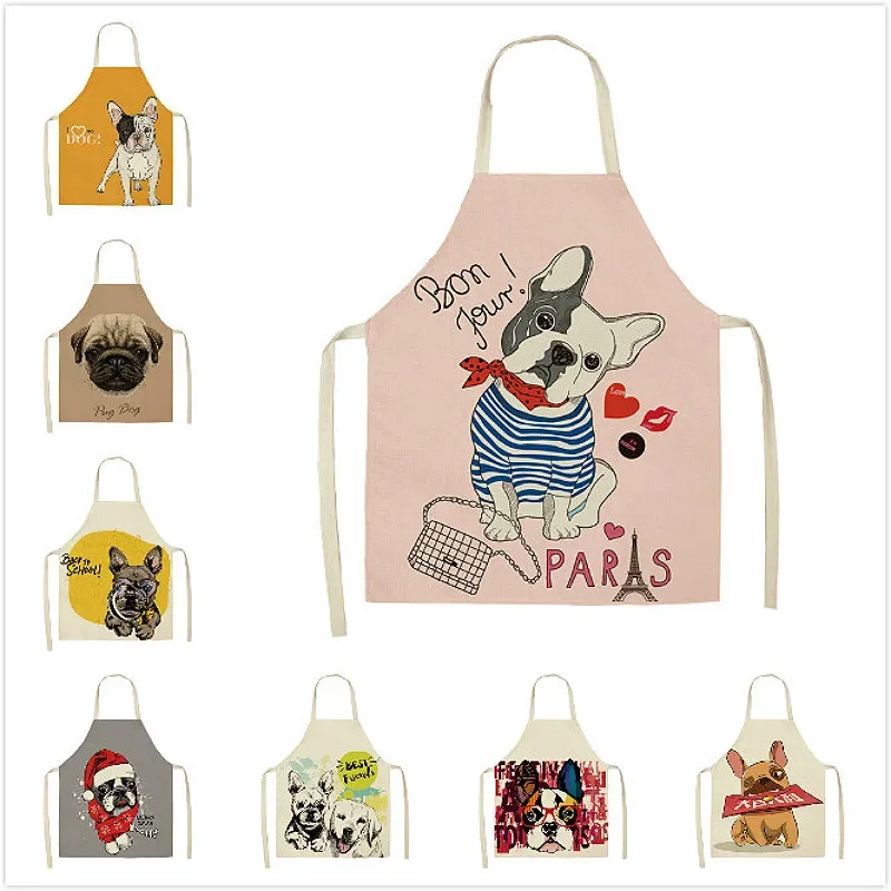 

Cute Dog Pug Pattern Cotton Linen Sleeveless Apron Kitchen Apron Women's Home Cooking Baking Waist Bib Apron 68x55cm