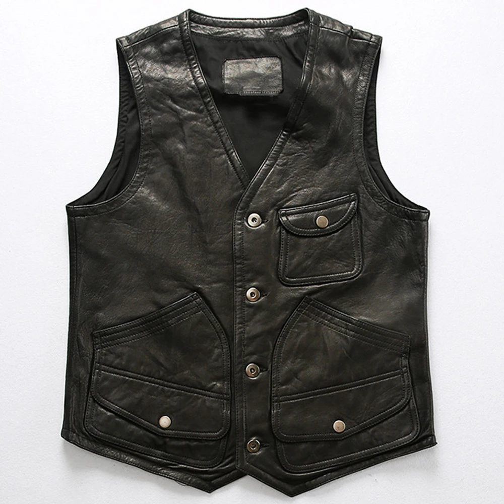 

2023 Real Leather Summer Man Vest Sleeveless Waistcoat Plus Size 5XL Cowhide Weskit Vests Big Tall Man Automotive Vest Outerwear