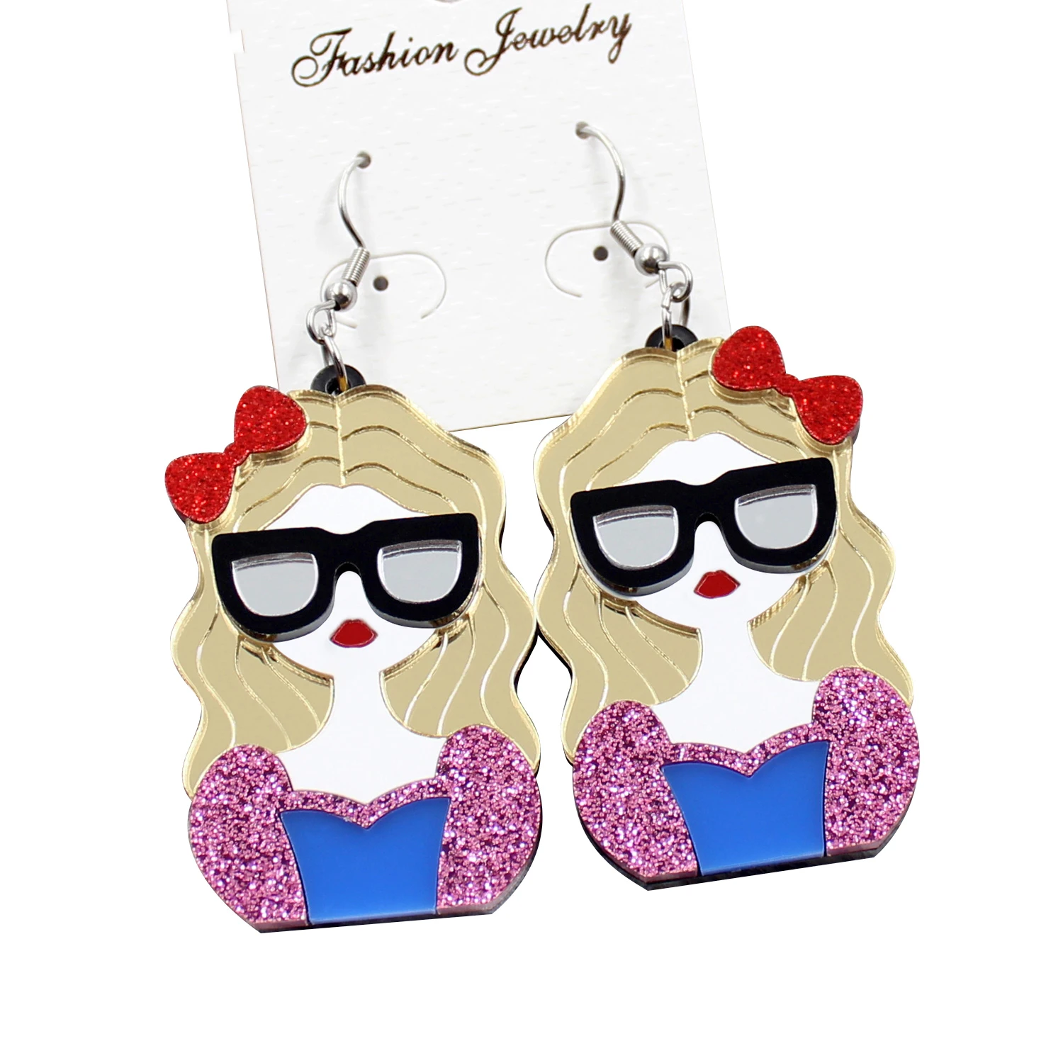 Hp045 Cute Girl Dangle Earring Black Glasses Red Bow Blond Hair Glitter