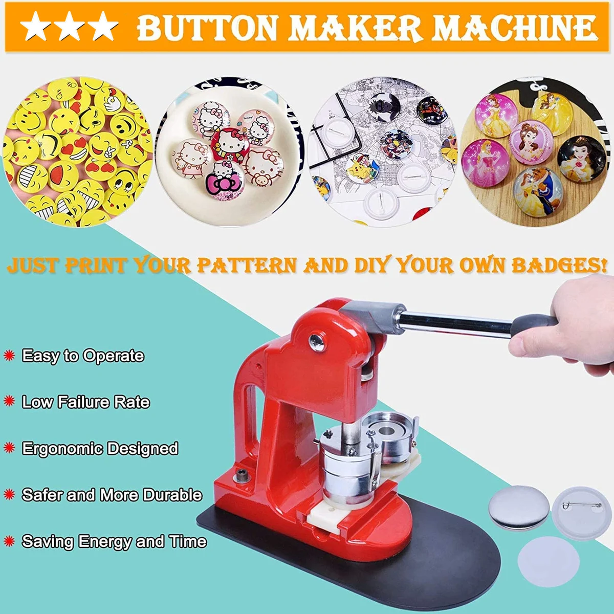 25MM-75MM Button Maker Machine with 100-500Pcs Parts&Circle Cutter&Mold,Heavy Duty Metal Machine,Low Failure rate,DIY Badges Set
