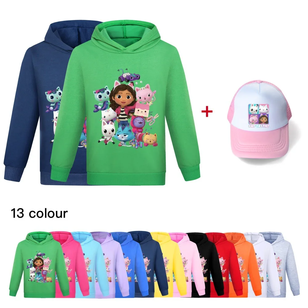 

New Children Spring Gabbys Doll House Hoodie Kids Long Sleeve Coats Boys Cartoon Gabbys Cats Sweatshirt Girls Casual Clothes+hat