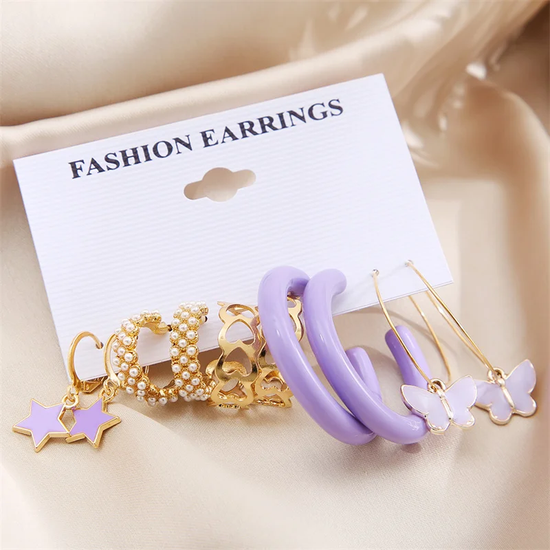 Colorful Earring Set For Women Butterfly Heart Circle Pearl Drop Earring Set Checkerboard Metal Long Tassel Party Jewelry