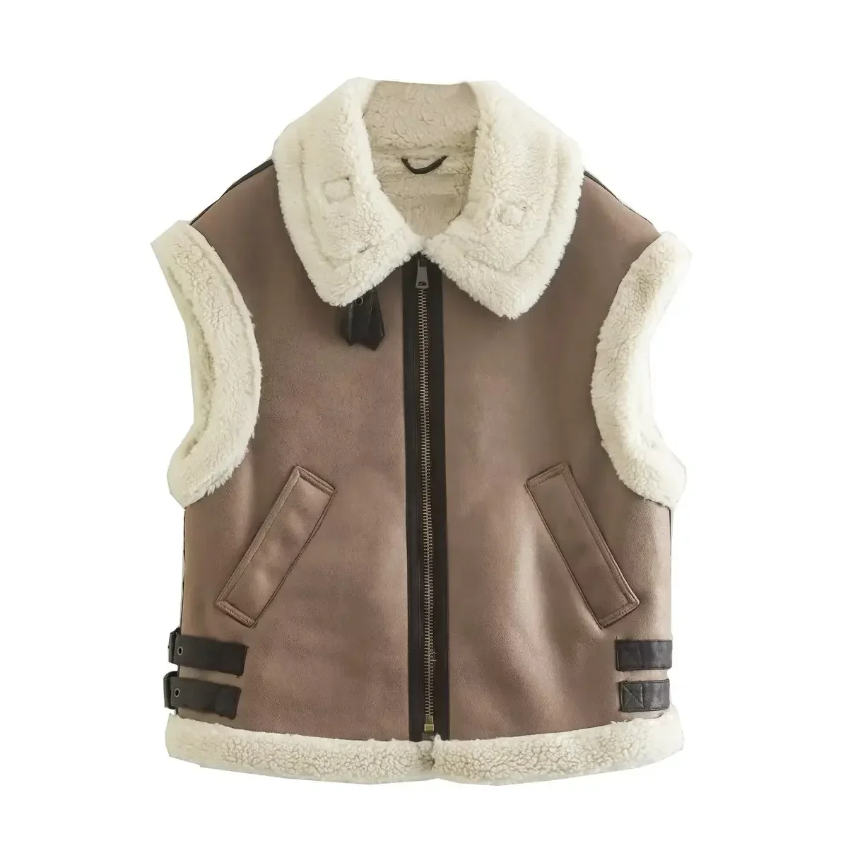 Women's Faux Sheepskin Fur Waistcoat, Chic Lady Faux Leather Fleece Warm Vest, Sleeveless Jacket, Fall, Winter