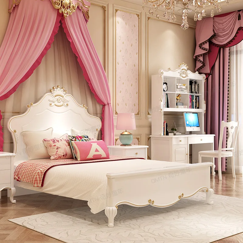 Children's furniture European desk bookshelf combination simple solid wood computer table princess white table bedroom writing d