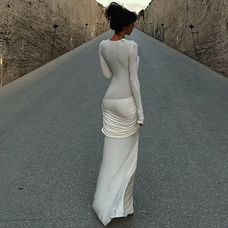 Fashion Mesh Patchwork Maxi Dress Women's Pleated Skinny High Waist Slim See-Through Solid Party Dress Female Long Dress