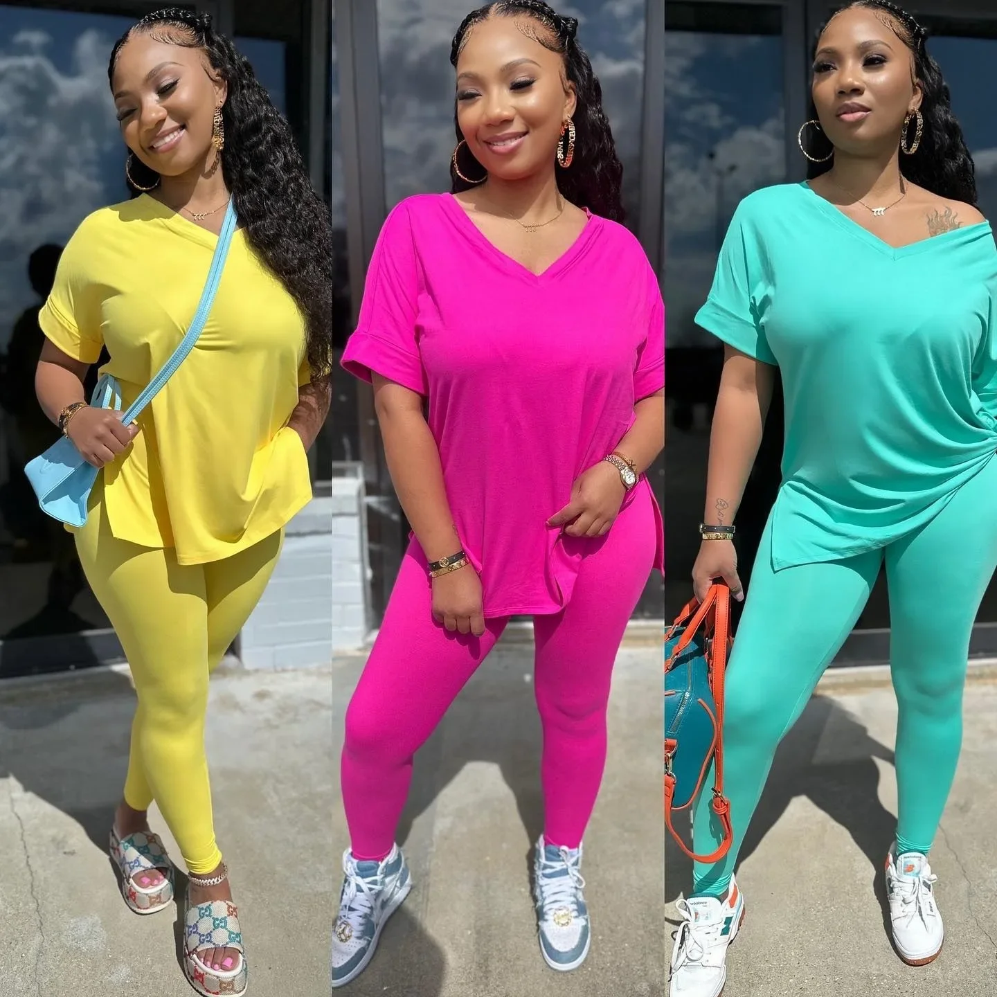 Solid V Neck Casual Loose Long Pant Set 2024 Summer 2 Two Pcs Sets Casual Tracksuits Street Outfits -- Color : Ivory - Size : XL