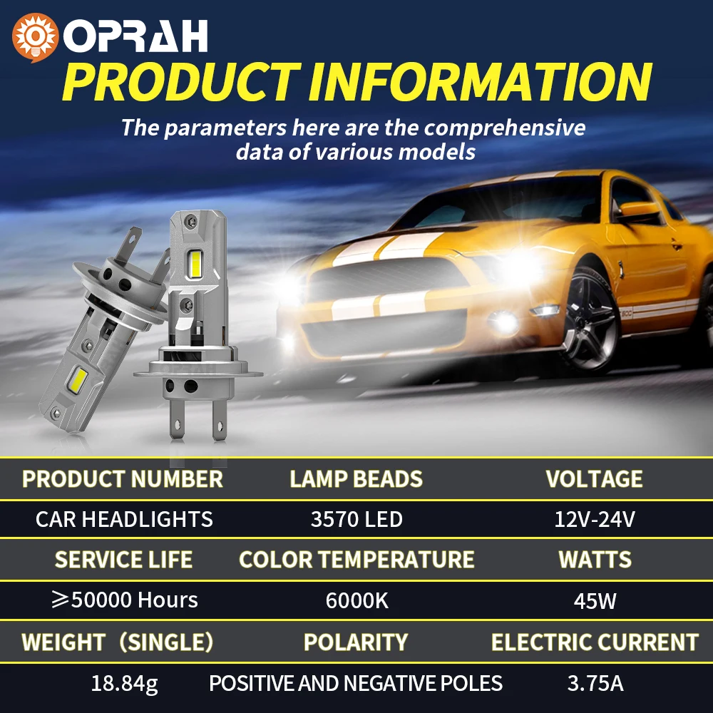 Oprah 2x Canbus 1:1 Mini H7 Led Headlight CSP 3570 Chips 90W 16000LM Headlamp Auto Fog Lamp Turbo Bulbs 6500K White 12V No Error