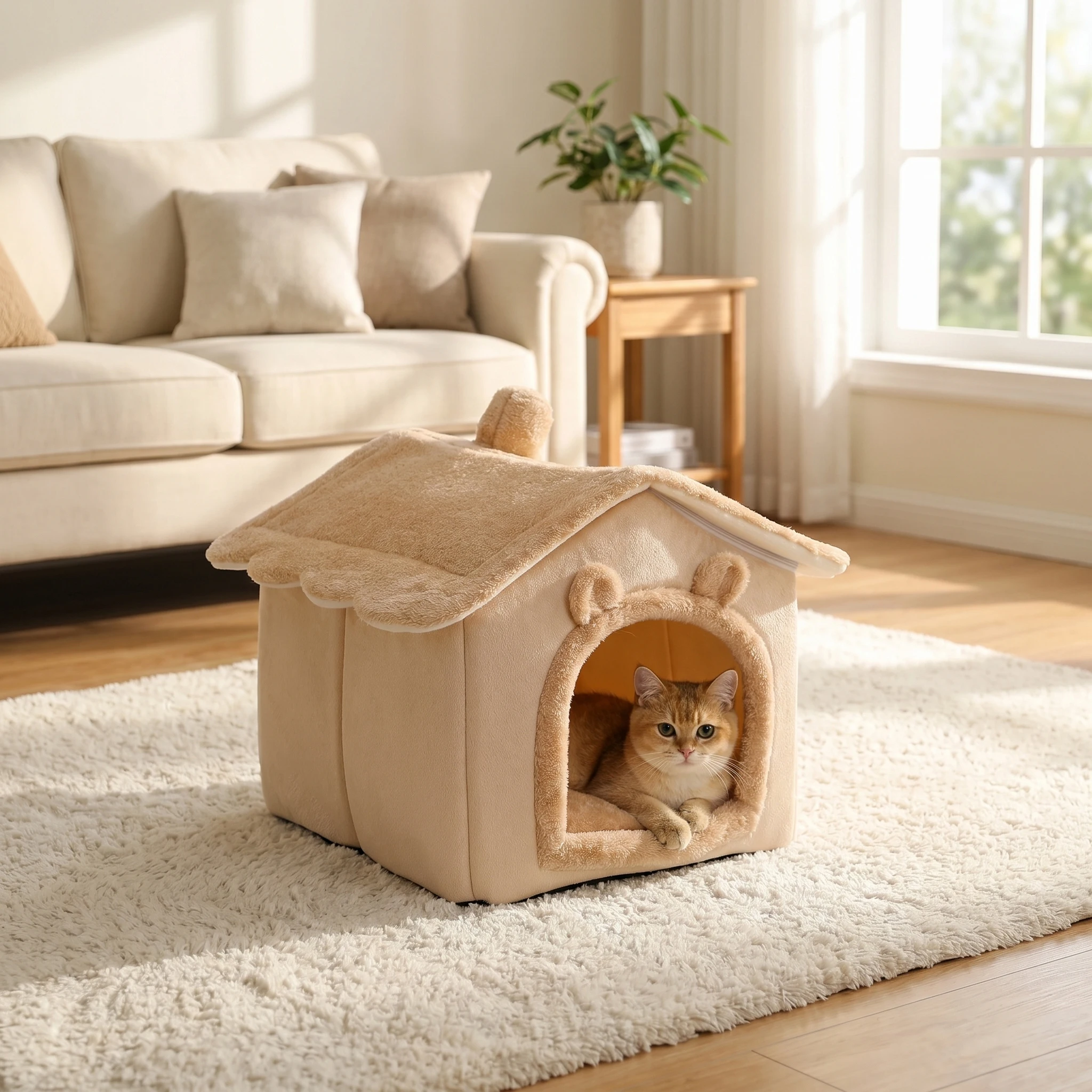 Lit maison pliable et lavable pour chat et petit chien avec coussin amovible_voghion.com