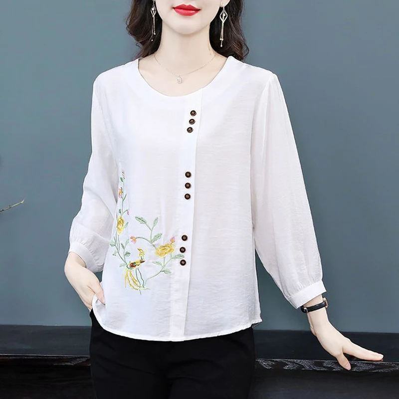 여성용 빈티지 자수 블라우스, 우아한 패션, 3/4 소매, 루즈 셔츠, O넥 단색 코튼 린넨 탑, 중국 스타일, 신상